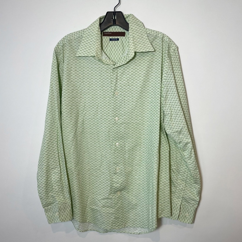 Perry Ellis Mens Classic Fit Long Sleeve Button Up Shirt Green M Collared Cotton